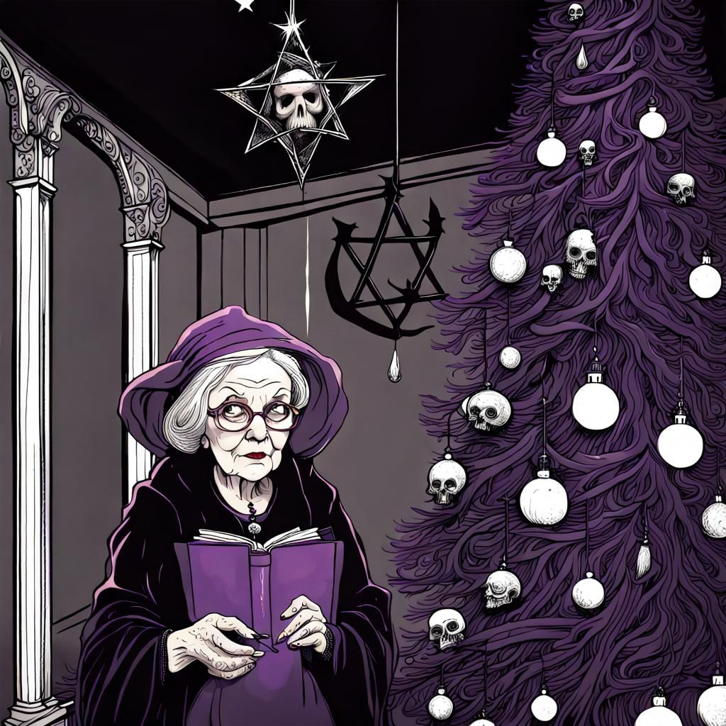 Gothic Witch Decorates Christmas Tree, Gorey Illustration