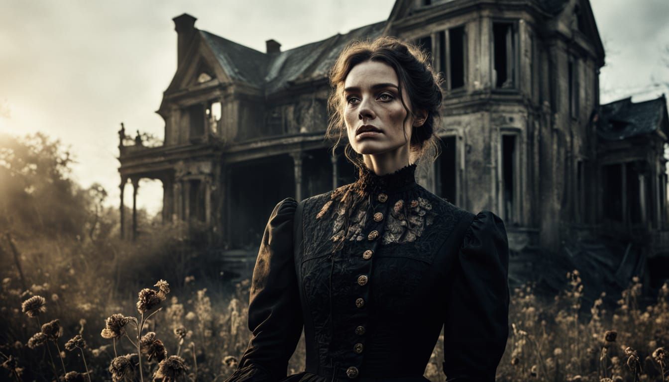 Victorian Woman in Abandoned Garden at Golden Hour