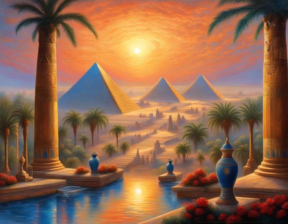 Egyptian Pyramids and Sphinx in Hyperdetailed Oil Painting