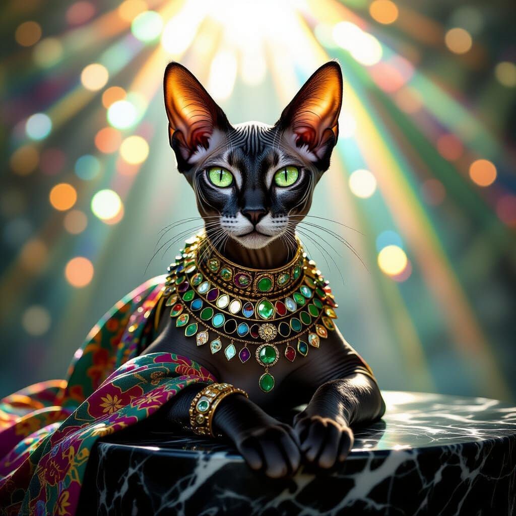 Futuristic Sphinx Cat with Green Eyes in Ethereal Light
