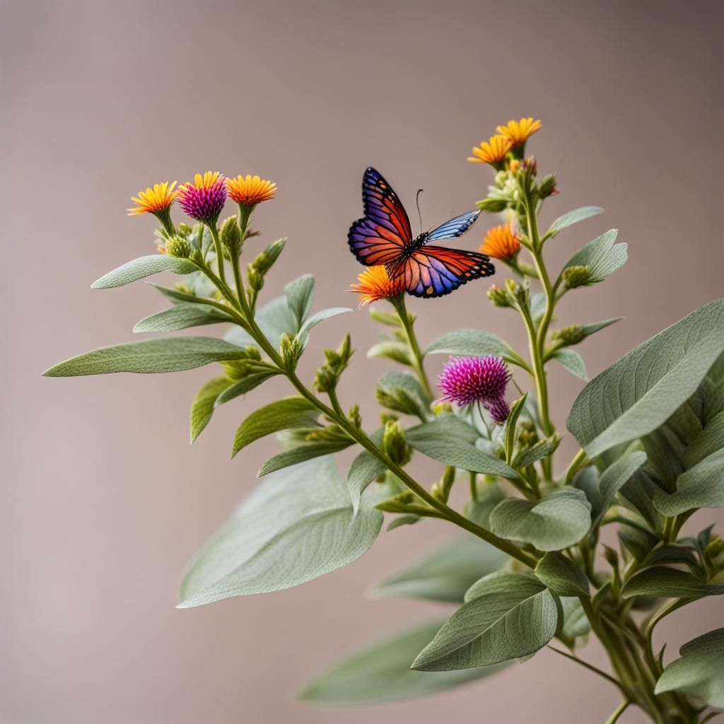 Whimsical Plant with Colorful Flowers and Wings