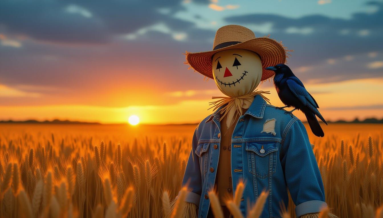 Scarecrow and Crow in Golden Field at Sunset