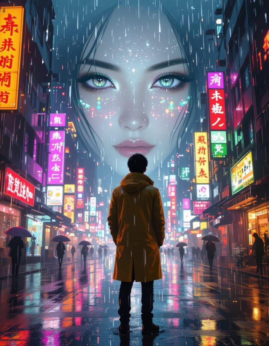 Man in Rainy Neon City with Girl's Eyes Above