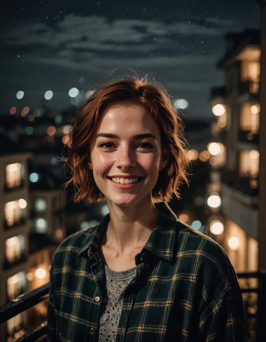 Pixel Art Portrait of Smiling Auburn-Haired Woman