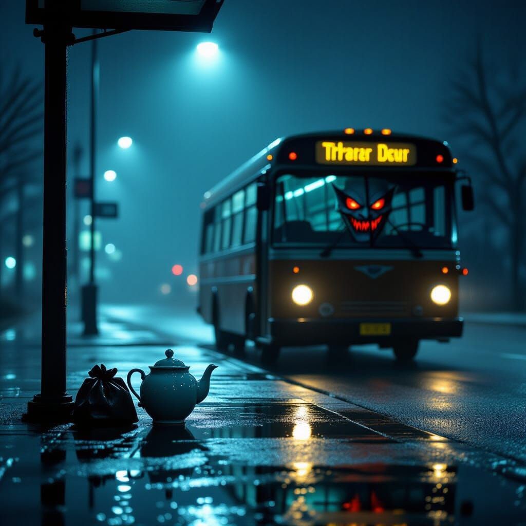 Teapot and Vampire at Bus Stop in Noir Style