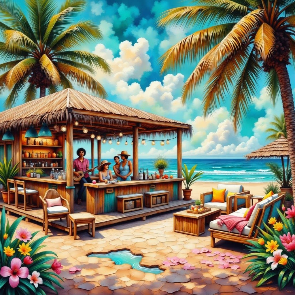 Retro Tropical Oasis in Watercolor Impasto