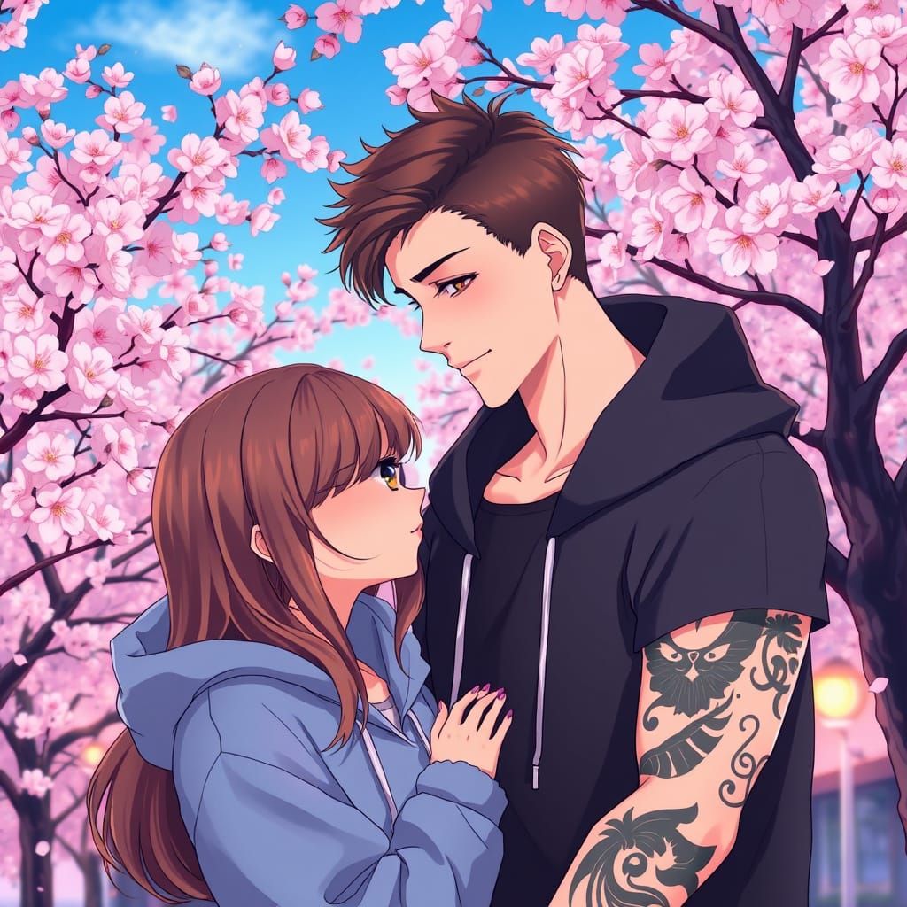 Couple Under Cherry Blossoms in Vibrant, Dreamlike Realism