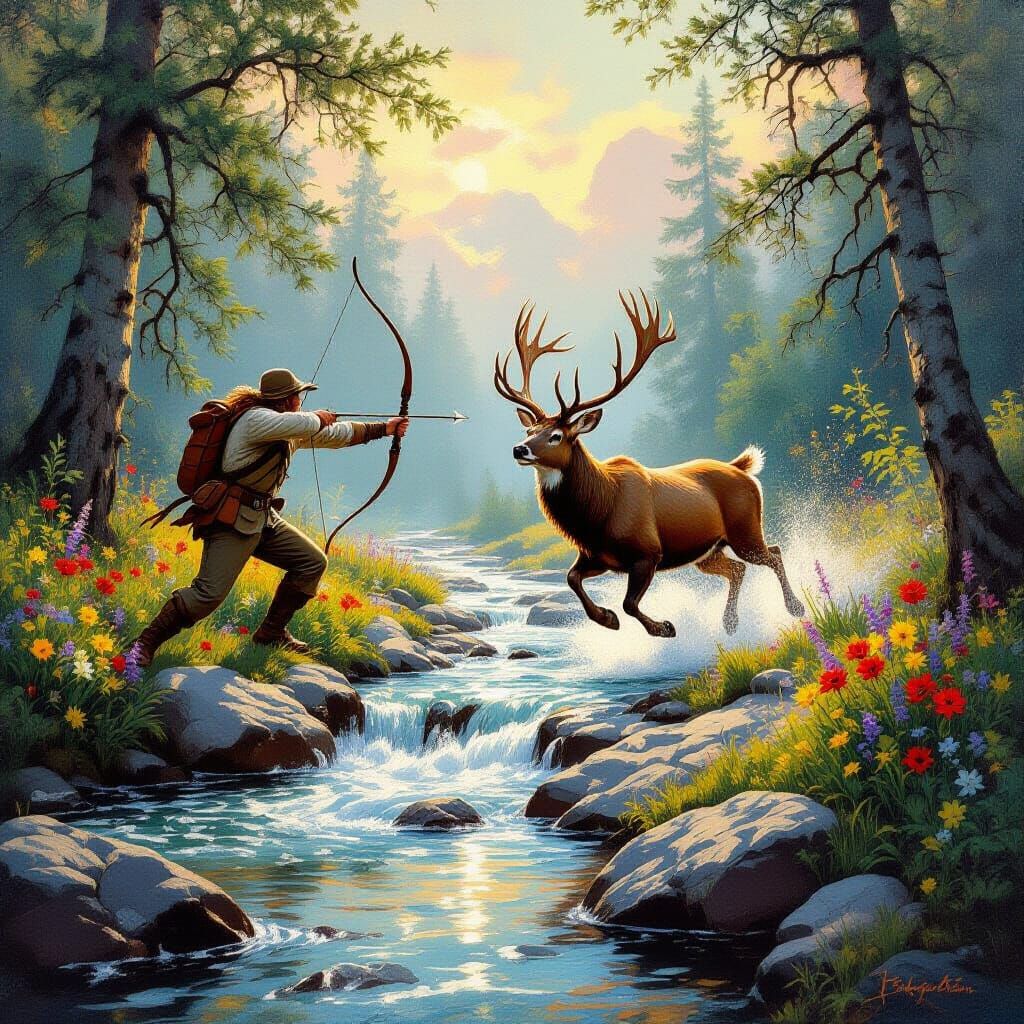 Hunter Aims Arrow at Majestic Stag in Wilderness