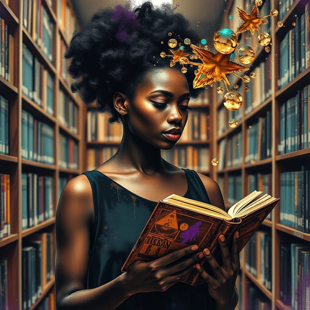 Dreamy Double Exposure of Woman Reading in Library