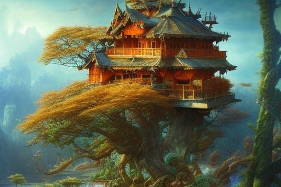 Epic Treehouse Village on Mountain Lake at Golden Hour