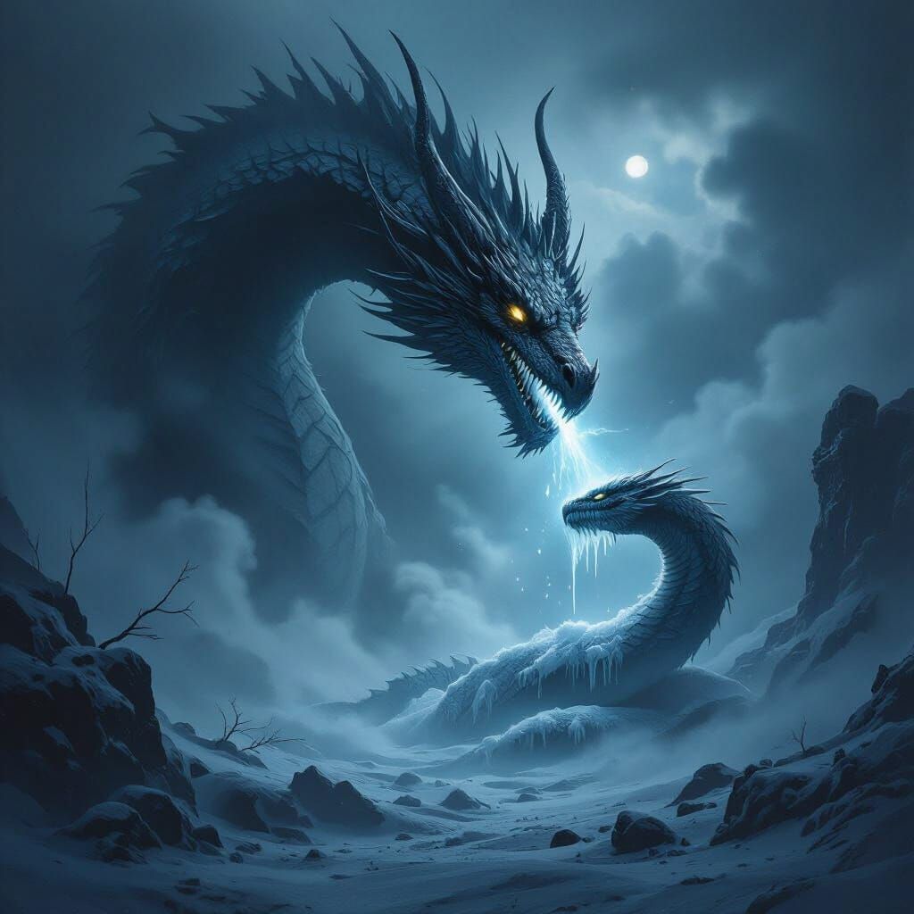 Mystical Dragon Freezes Serpent in Foggy Night