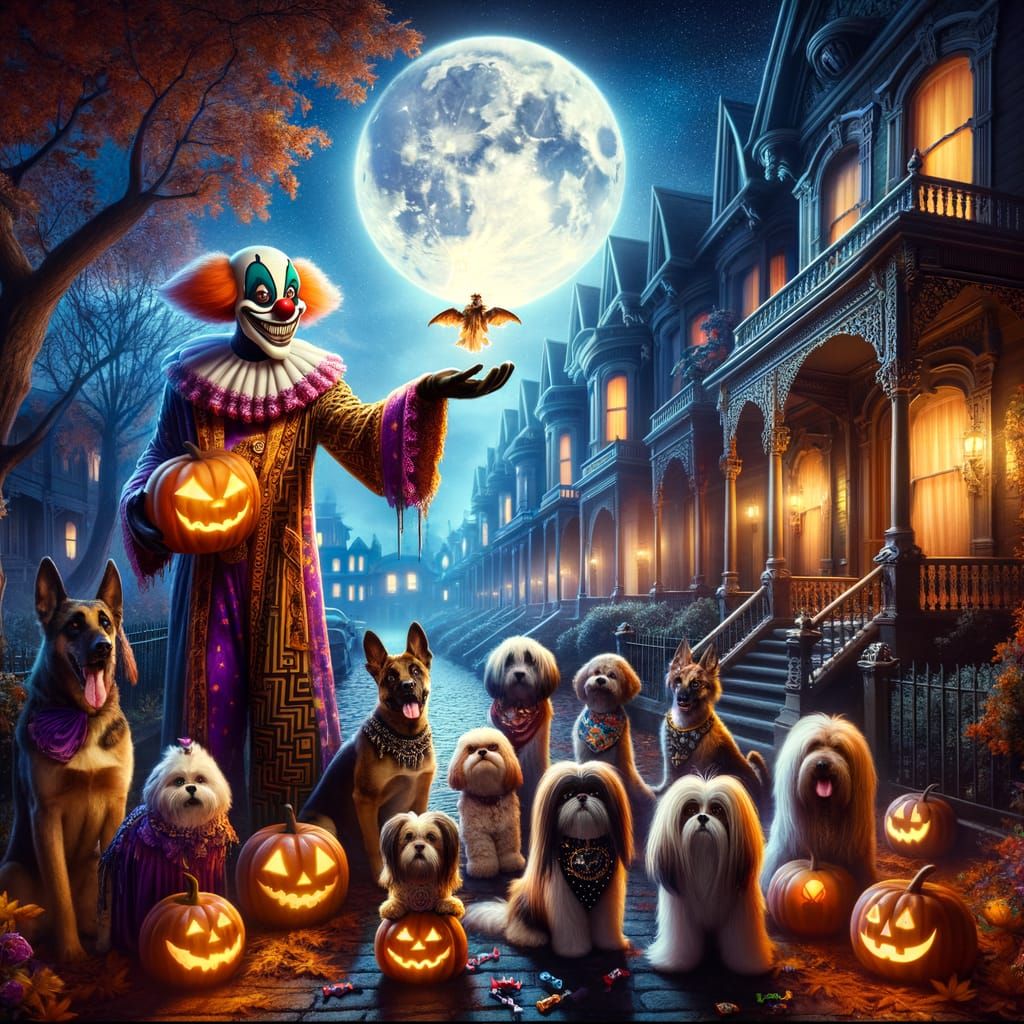 Halloween Gothic Scene with Costumed Pets and Candy Clown