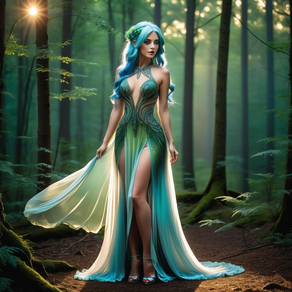 Silver-Blue Haired Woman in Forest at Dusk