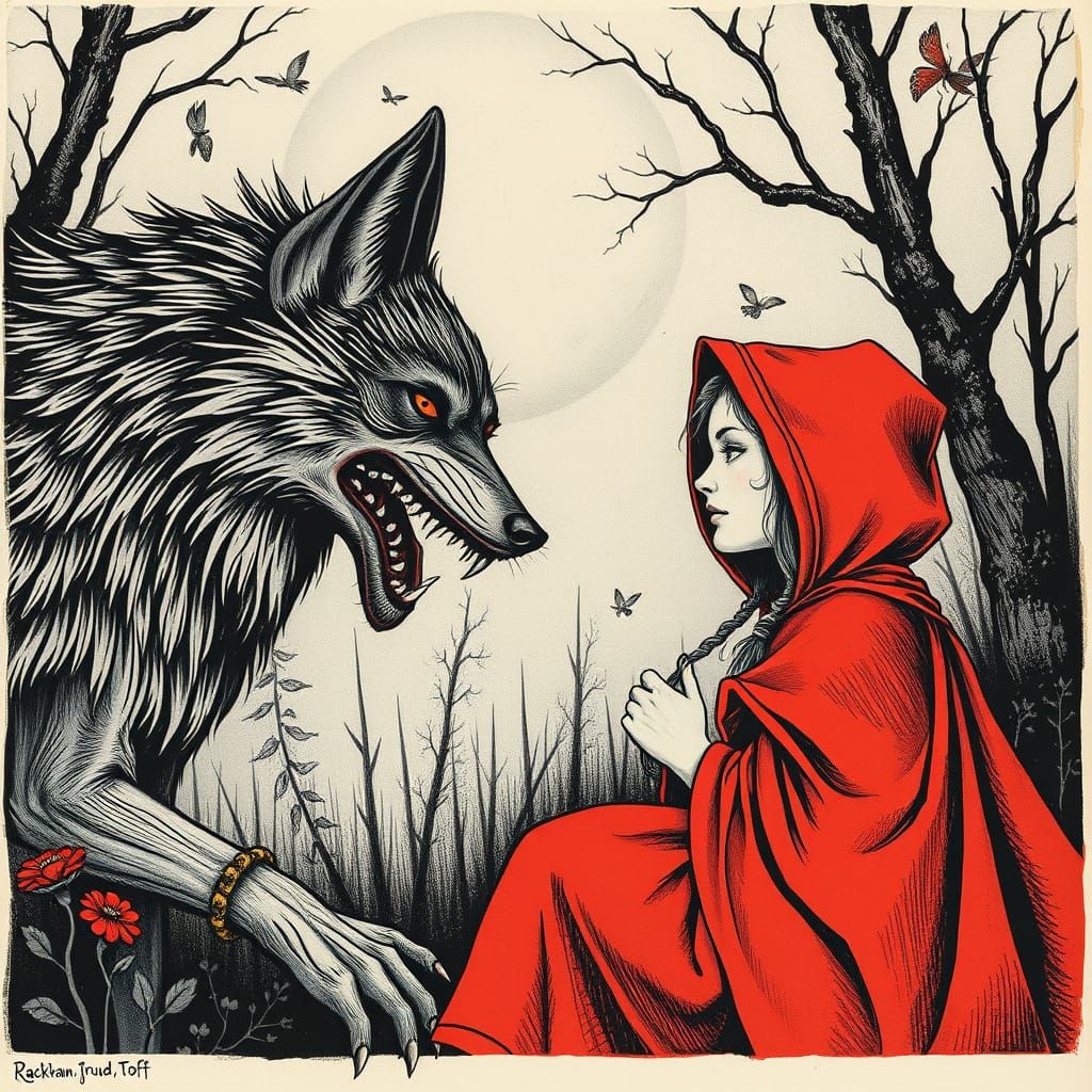 Red Riding Hood and Wolf Linoprint Illustration