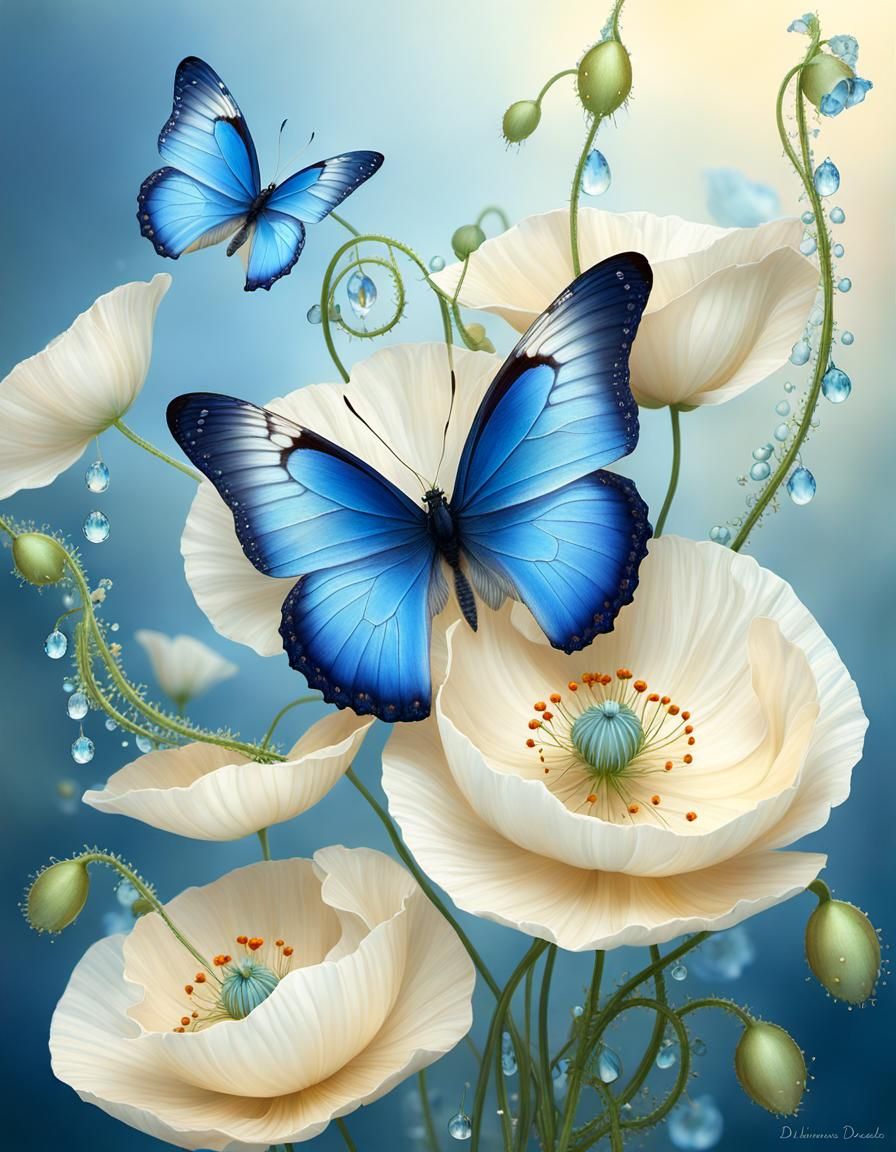 Blue Butterfly on Poppies in Dreamy Pastel Style