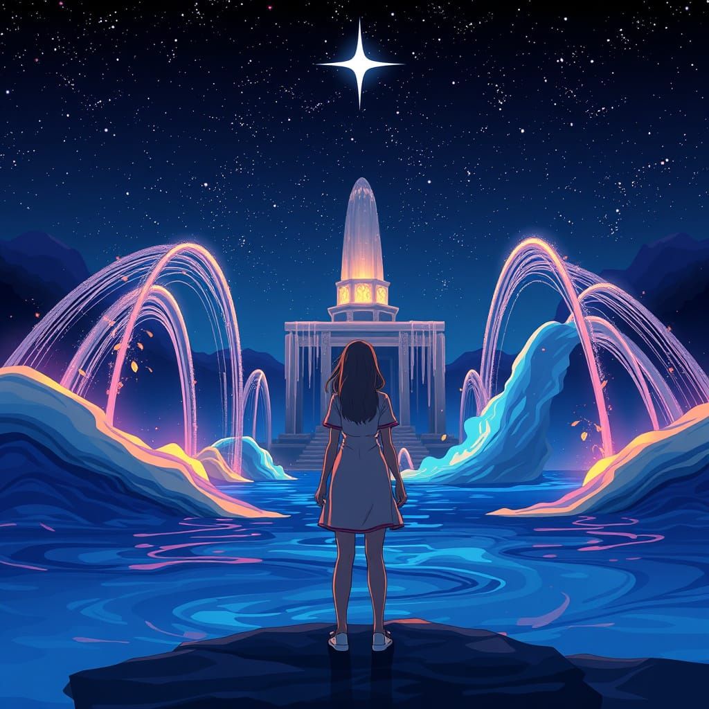 Anime Woman at Fountain of Dreams Under Stars