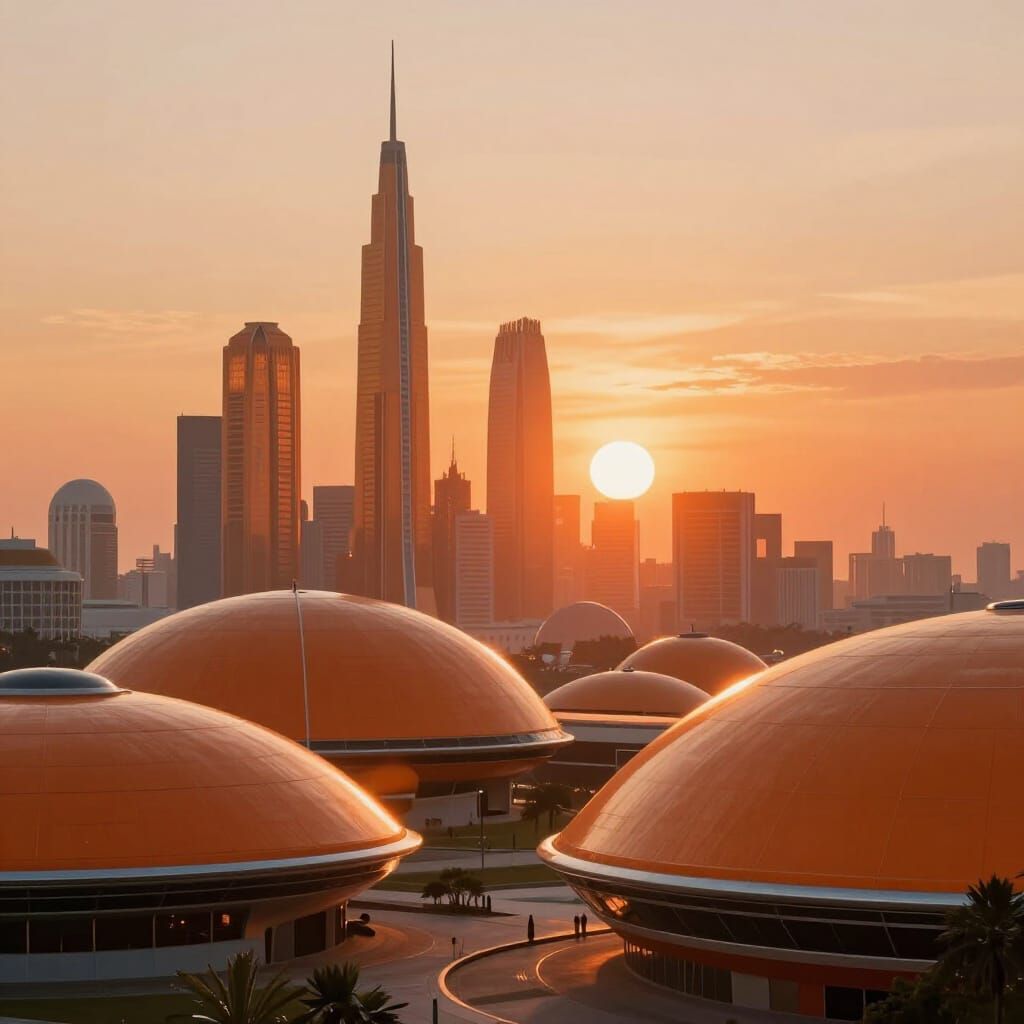 Orange Retro-Futuristic Cityscape at Sunset