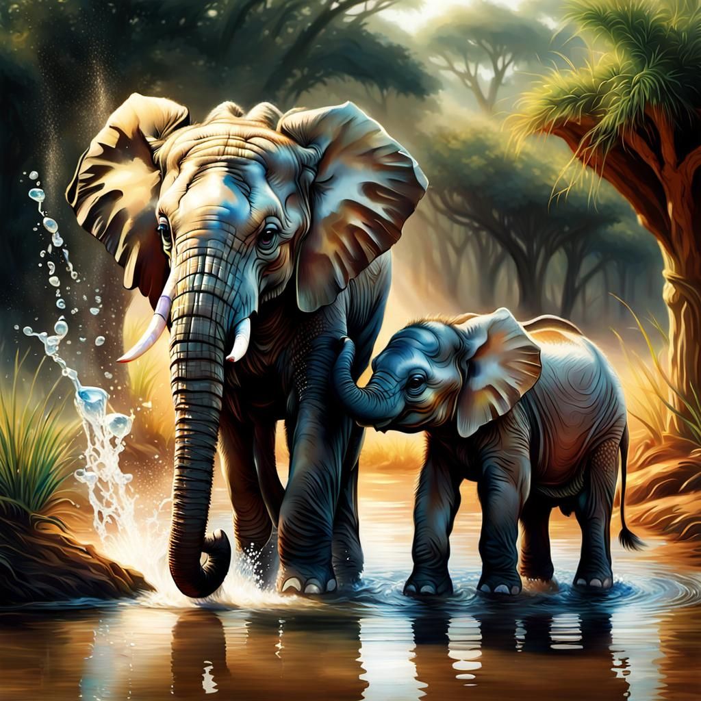 Elephant Calves Play at Savannah Watering Hole