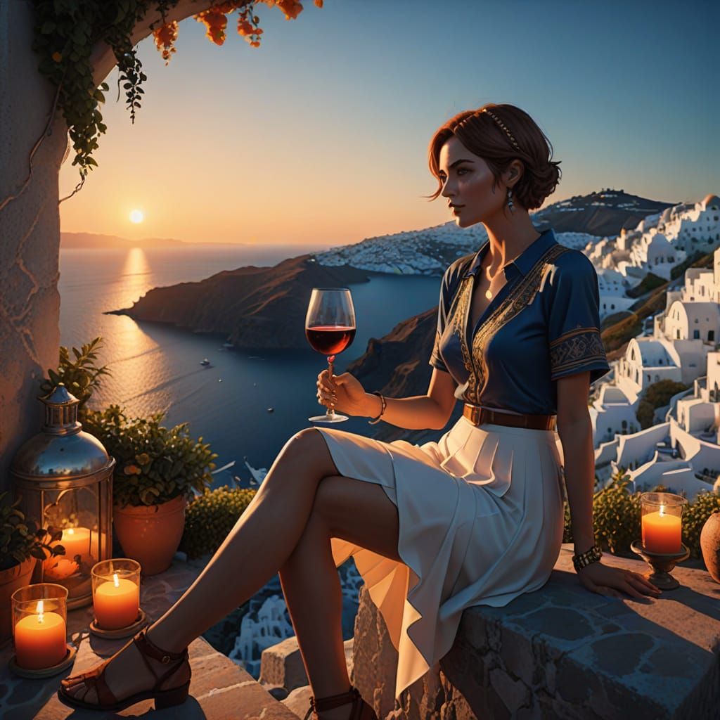 Santorini Siren in Sunset Splendor