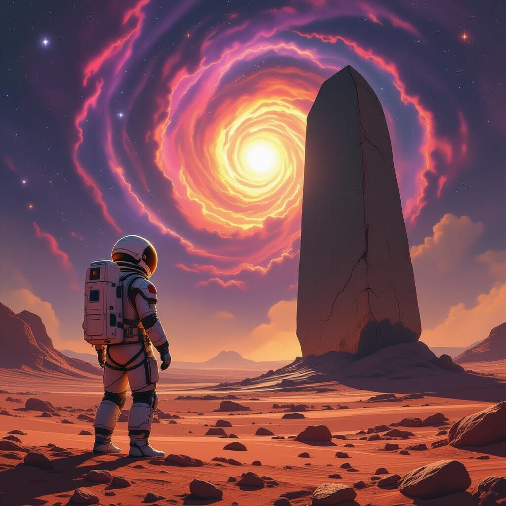 Astronaut on Mars Gazing at Alien Monolith in Nebulae Sky