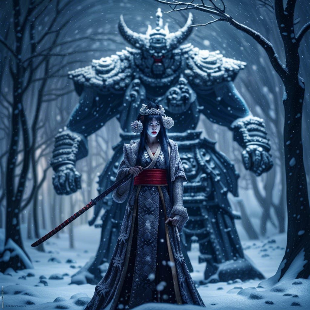 Geisha vs. Golem: Epic Katana Fight in Winter