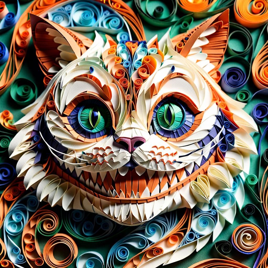 Intricate Cheshire Cat Face in Quilling Art Style