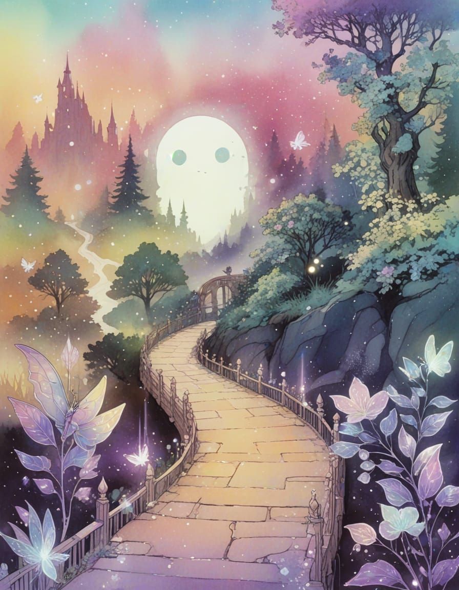 Glowing Creature on Magical Path, Fairy-Tale Illustration