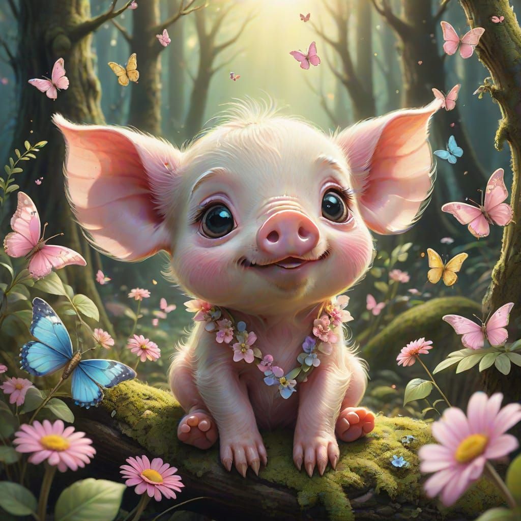 Enchanted Forest Piglet with Flower, Storybook Illustration