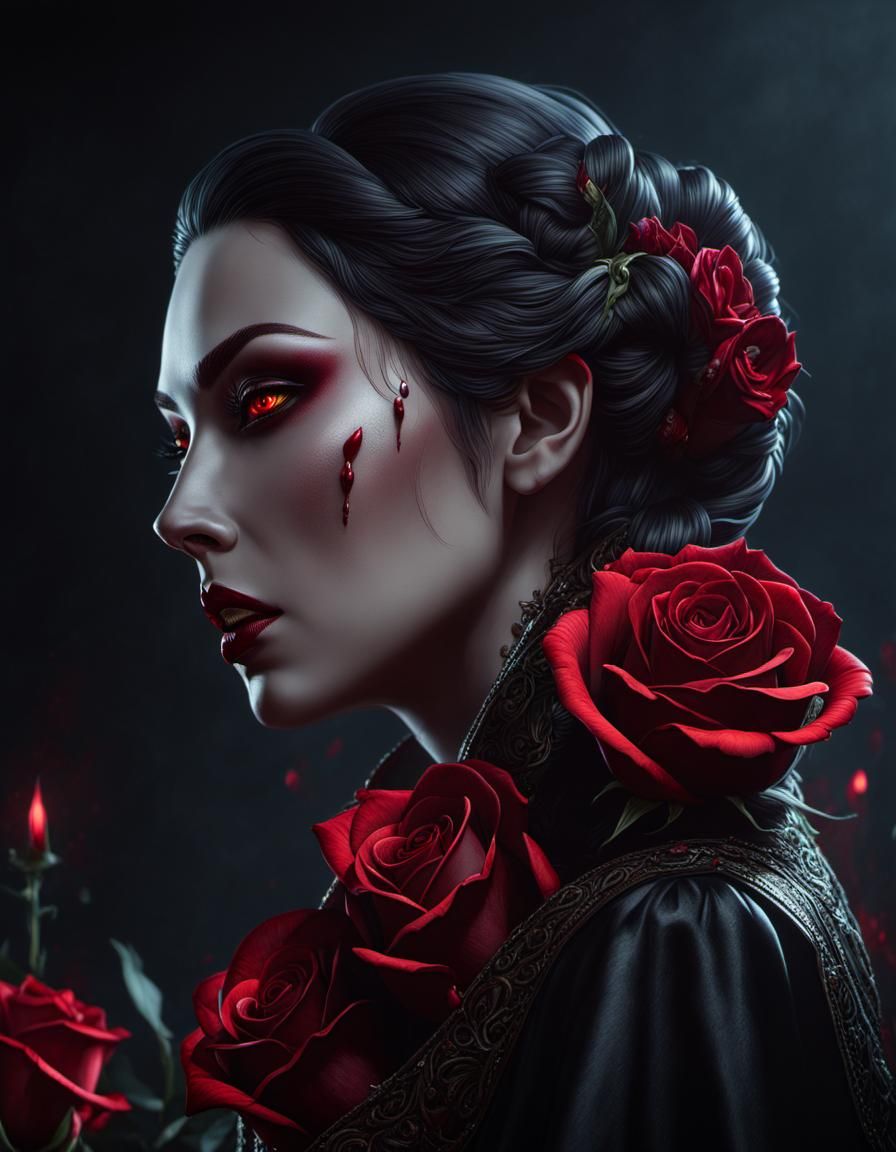 Vampire Portrait with Blood Red Roses in Dark Fantasy Style
