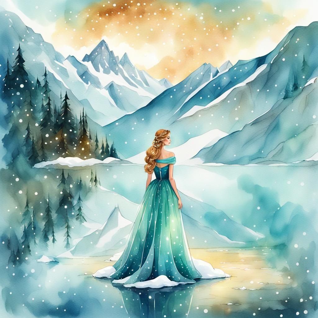 Aquamarine Princess on Frozen Lake: Watercolor Art