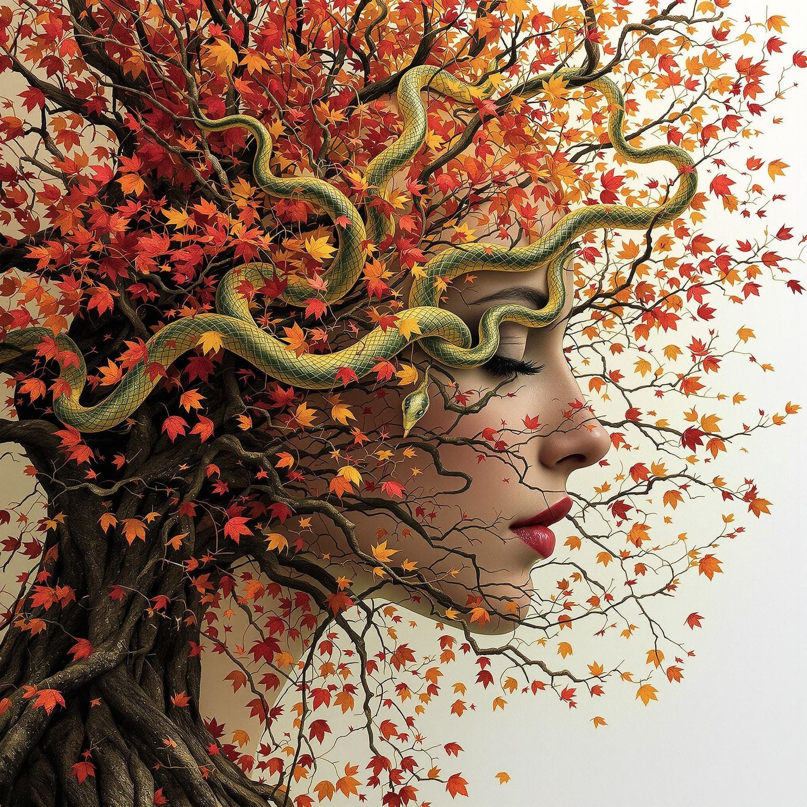Autumnal Portrait: Woman Merged with Tree in Digital Art