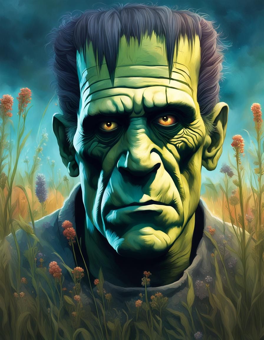 Grotesque Frankenstein Portrait in Wildflower Field