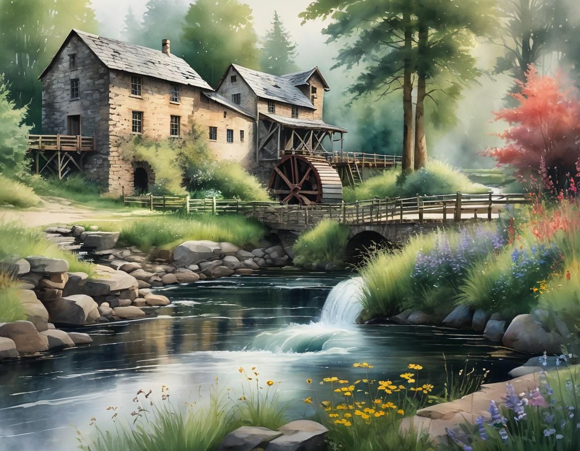 Old Mill by Stream: Watercolor Painting