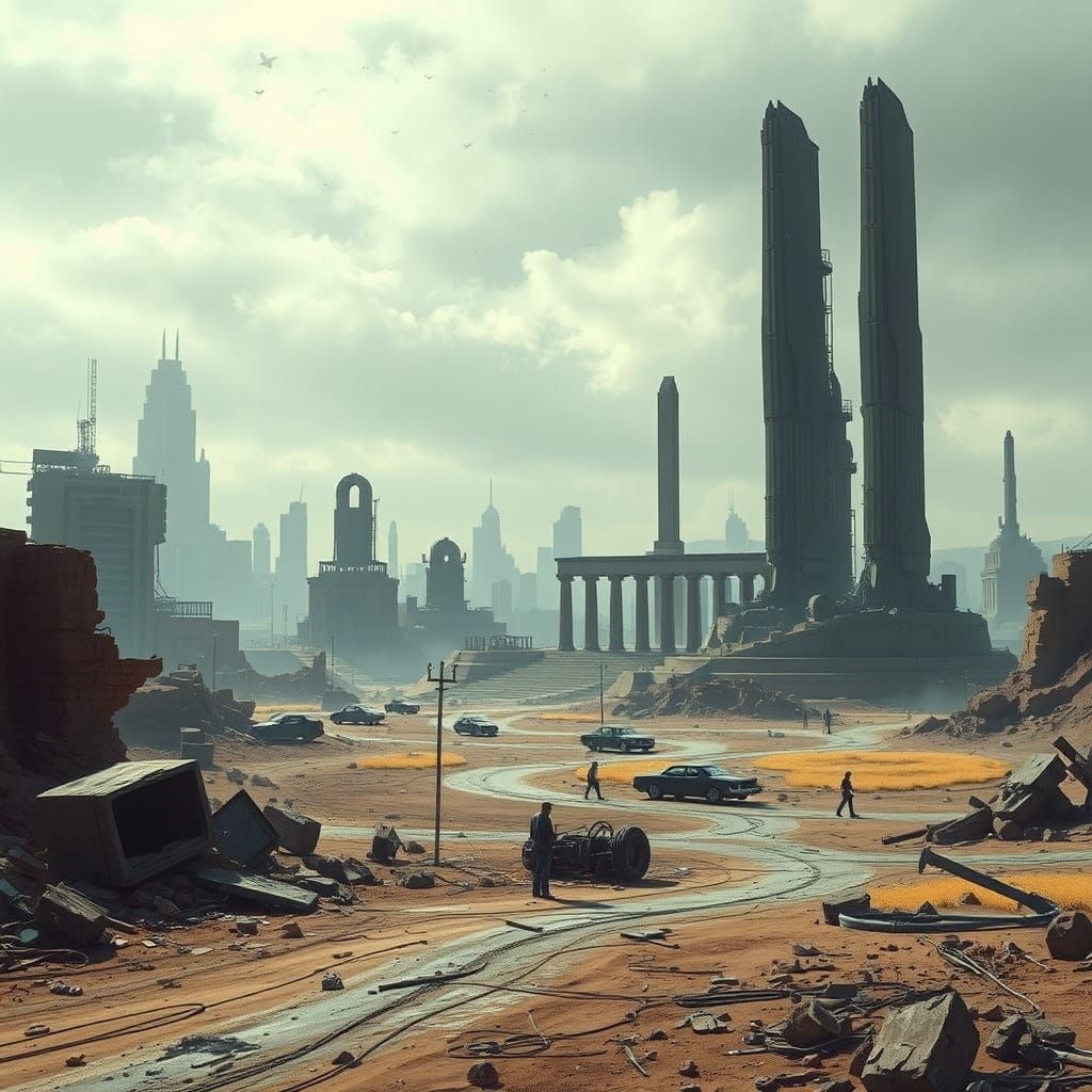 Dystopian Wasteland with Crumbling Skyscrapers