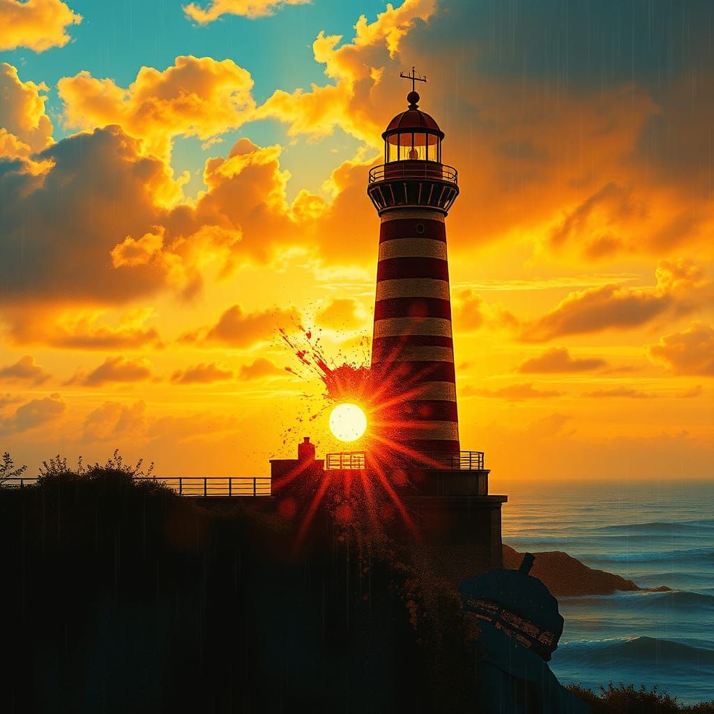 Gold Sunset Lighthouse Seascape in Fantasy Watercolor
