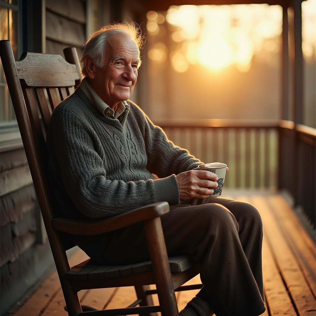 Elderly Gentleman Savoring Morning Serenity in Golden Light