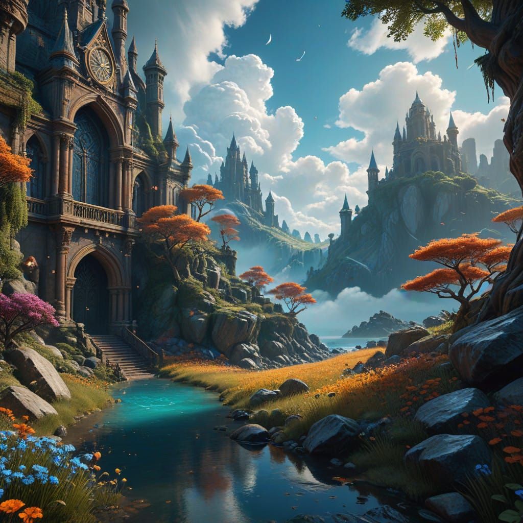 Dreamlike Fantasy Scene Under a Brilliant Blue Sky