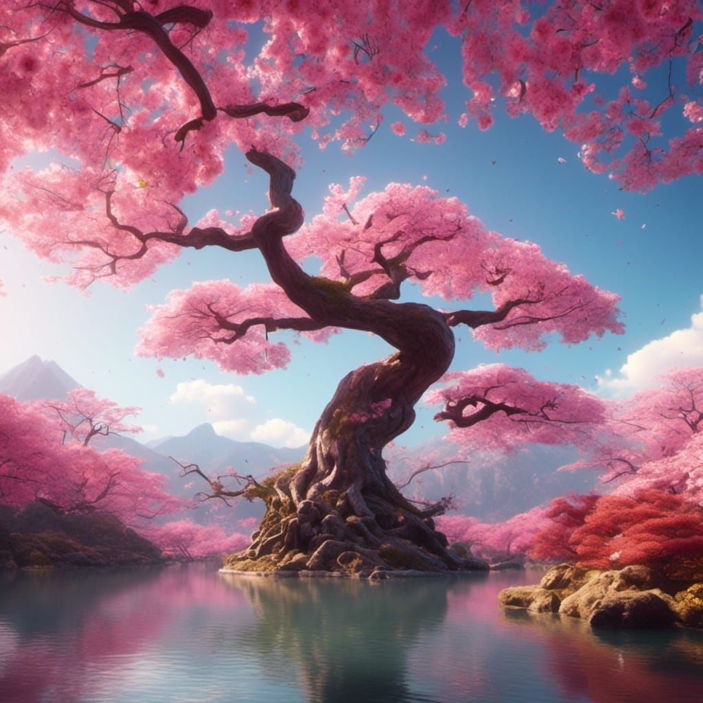 Ancient Sakura Tree by Lake: 3D Digital Art