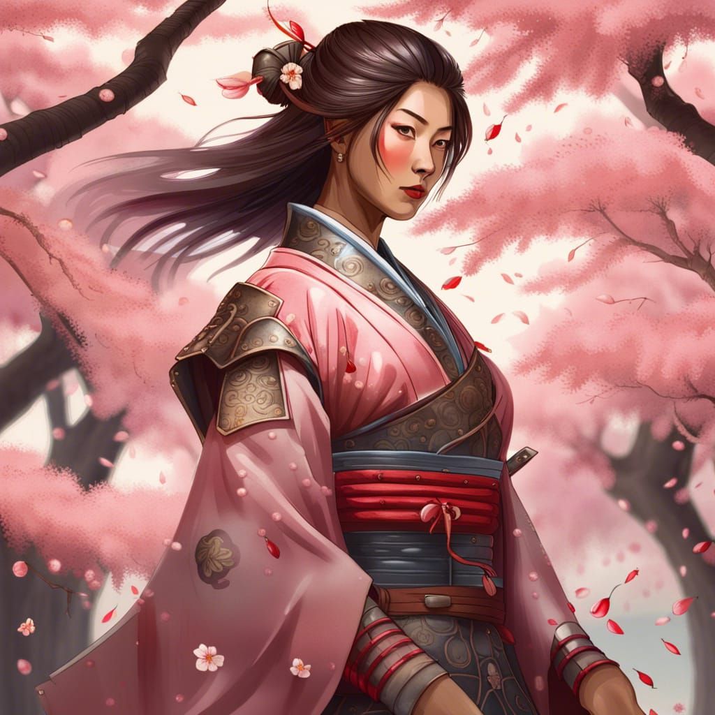 Graceful Samurai Woman in Cherry Blossom Grove