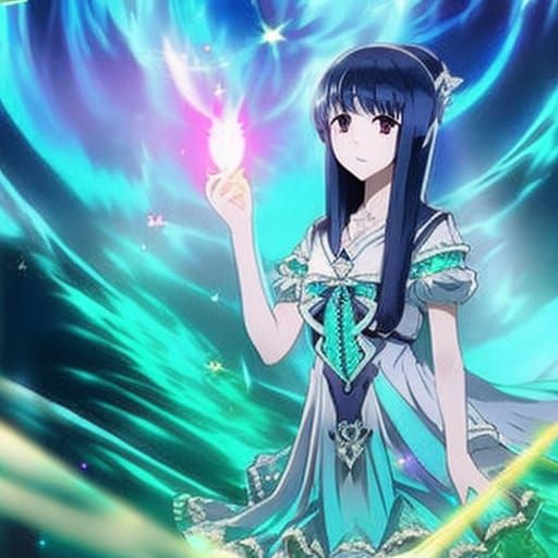 Iridescent blue young lady ghost with iridescent green accents& iridescent purple accents& ethereal vibes& magical vibes...