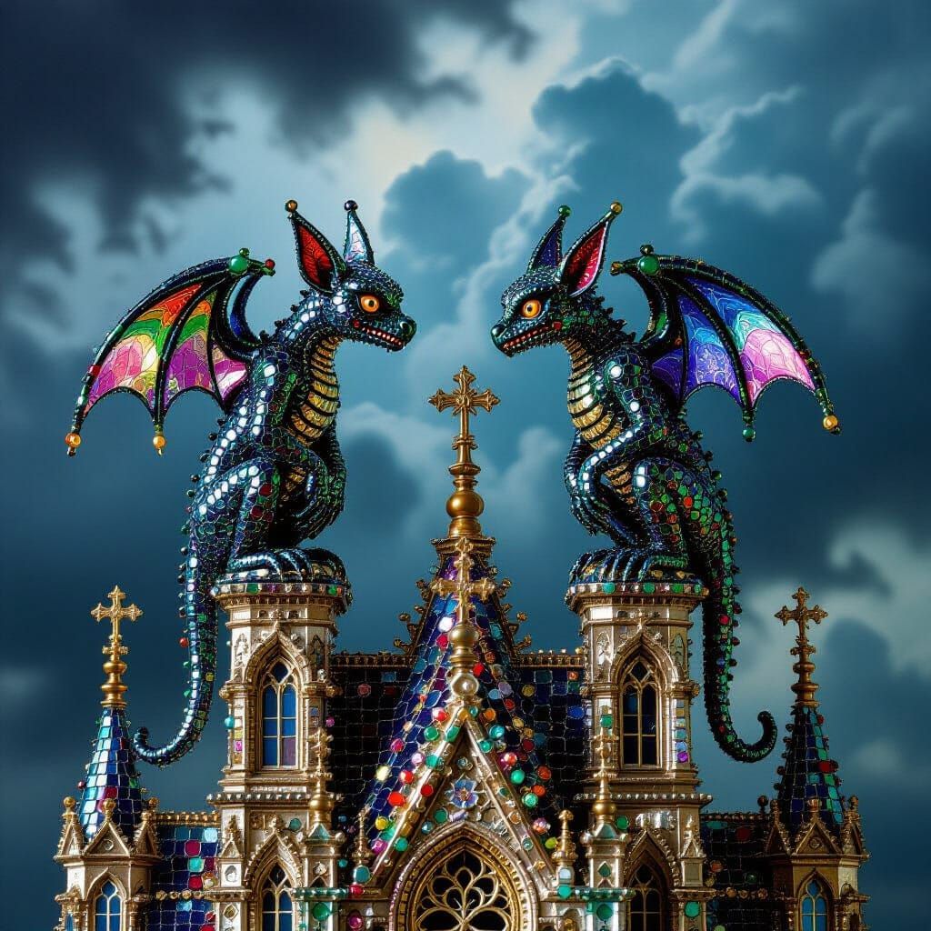 Beaded Gargoyle Figurines on Miniature Cathedral
