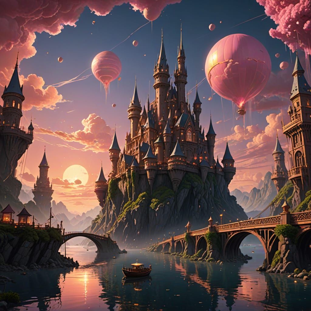 Floating City at Sunset: Fantasy Realism Digital Painting