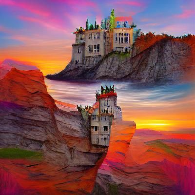 Fantasy Palace on Cliffs at Sunset