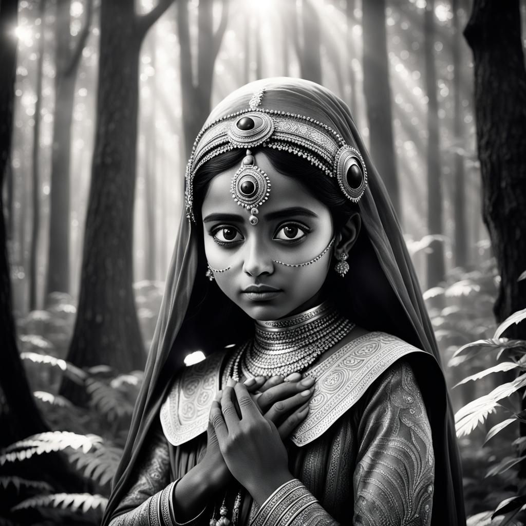 Mystical Forest Encounter: Girl and Alien in Vintage Photo