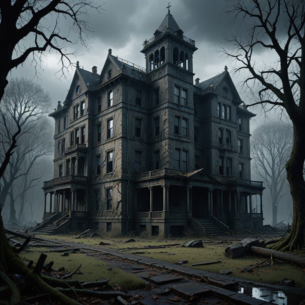 Sinister Asylum in Stormy Woods - Oil Painting