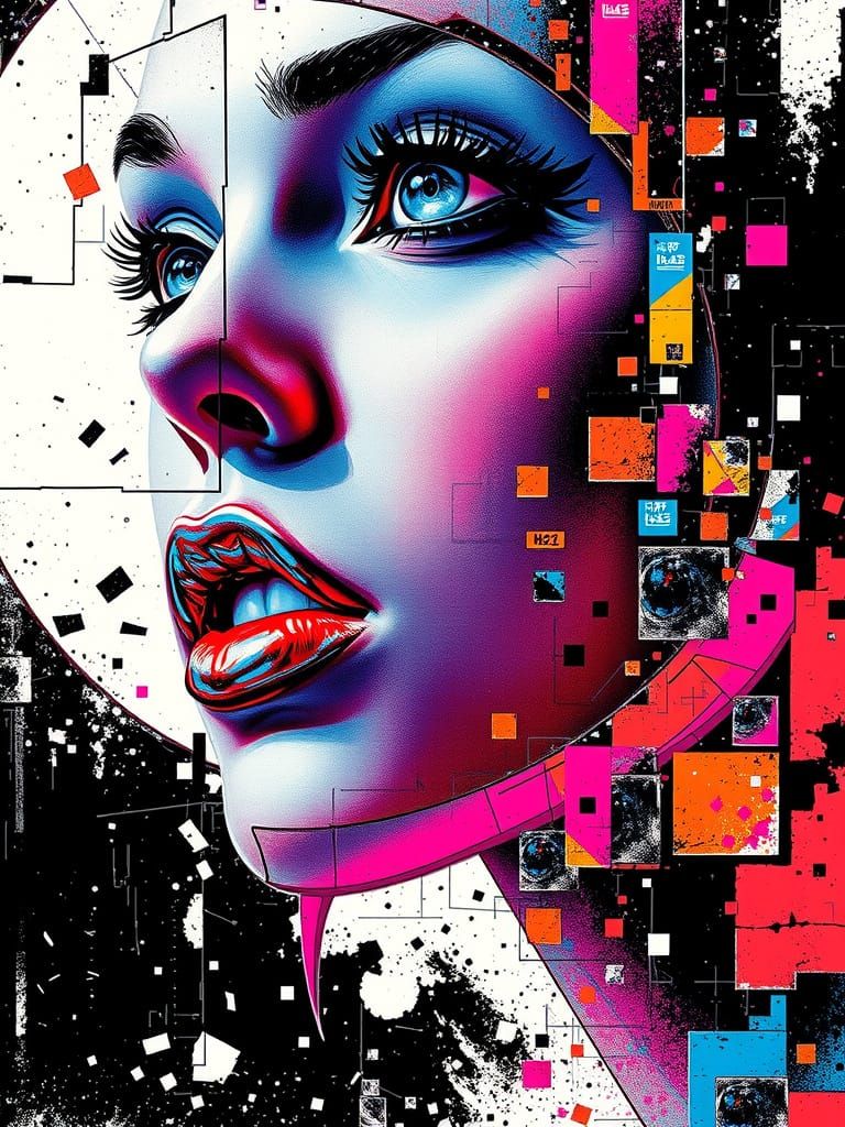 Pointillist Woman with Electric Blue Lips and Glitch Effects