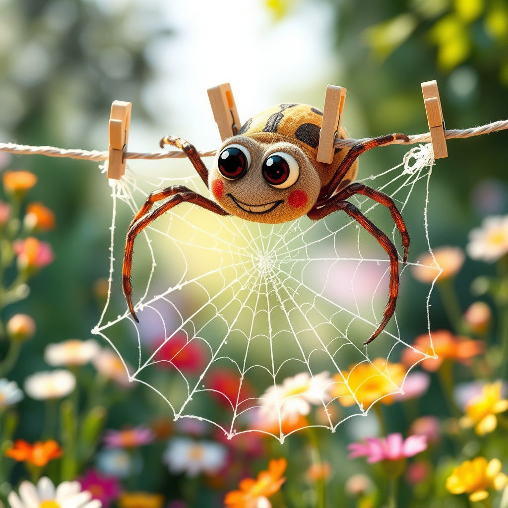 Cartoon Spider Does Laundry in Sunny Garden