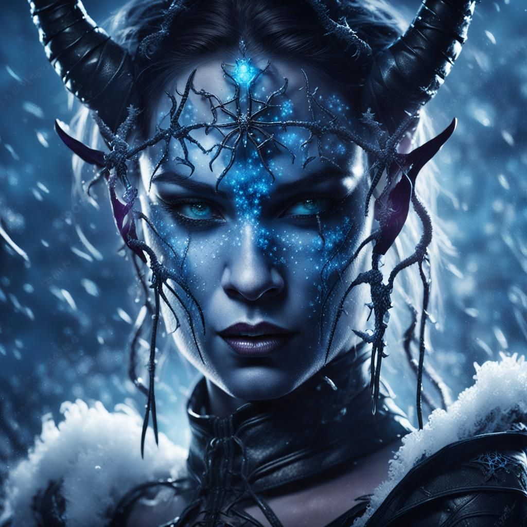 Tiefling Ice Witch Portrait in Dark Fantasy Style