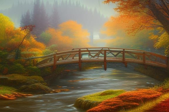 Autumn River Scene with Wooden Bridge in Matte Painting
