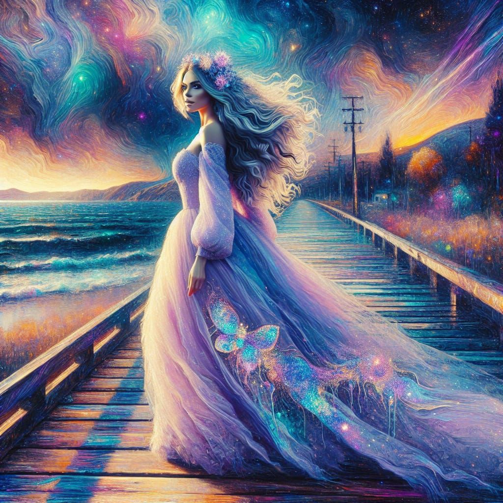 Woman on Pier in Blustery Weather, in Street Art Style